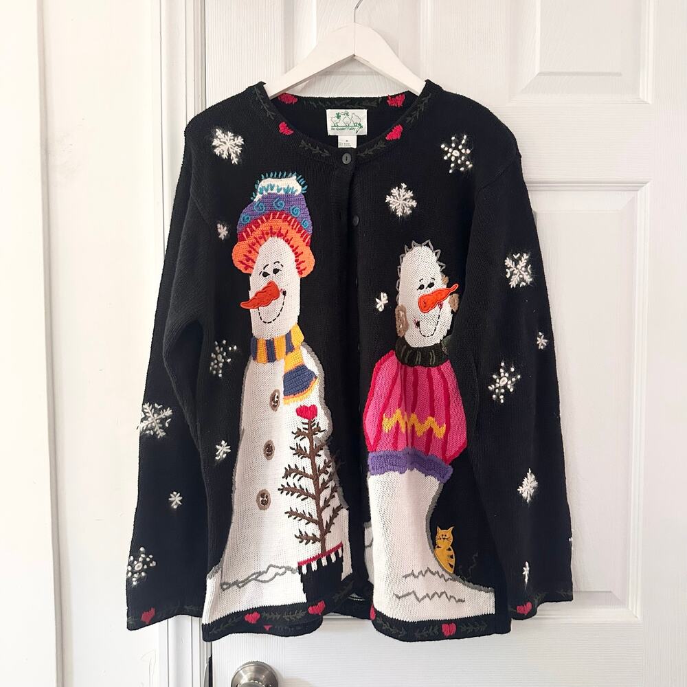 Quacker Factory Black Snowmen Couple Snow Flakes Button Cardigan Tree Heart M